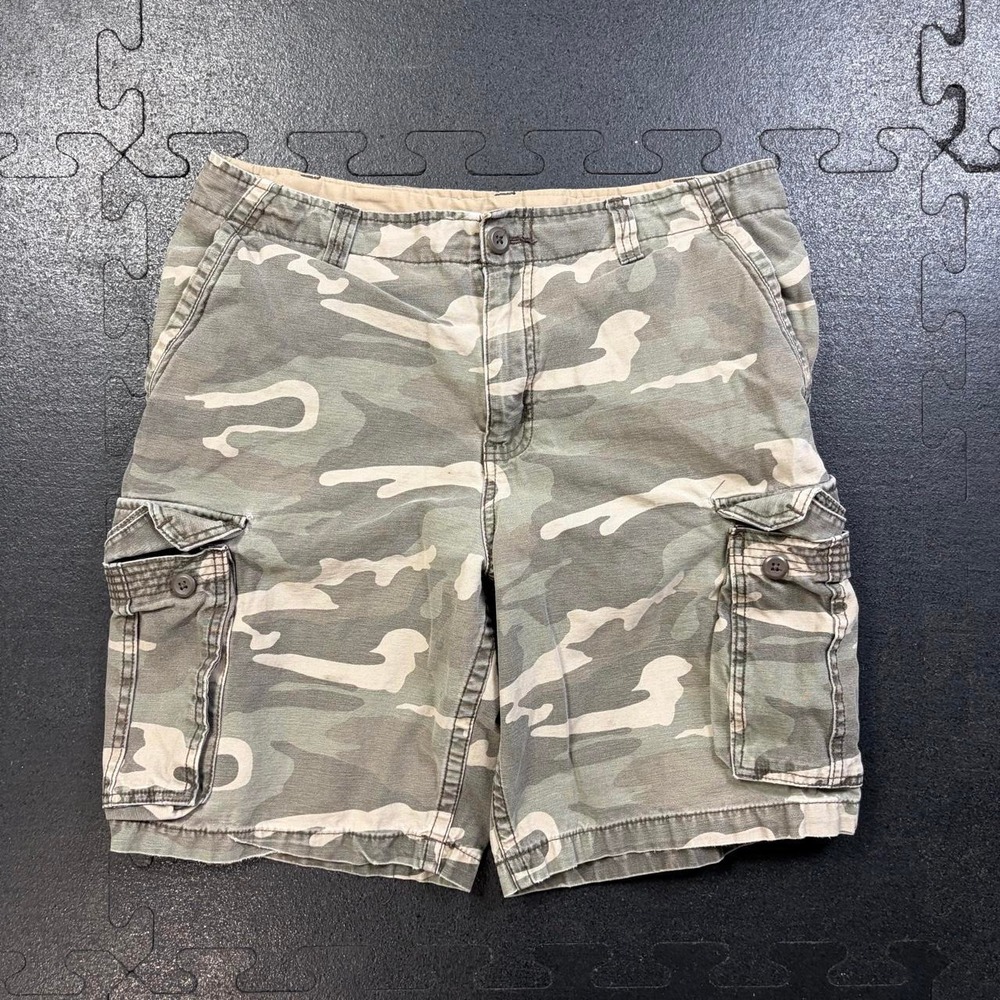 Faded Glory Mens Camo Cargo Shorts Green Khaki Skater Baggy Y2K Size 34
